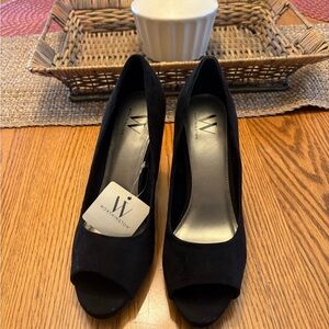 Worthington black suede open toe heels